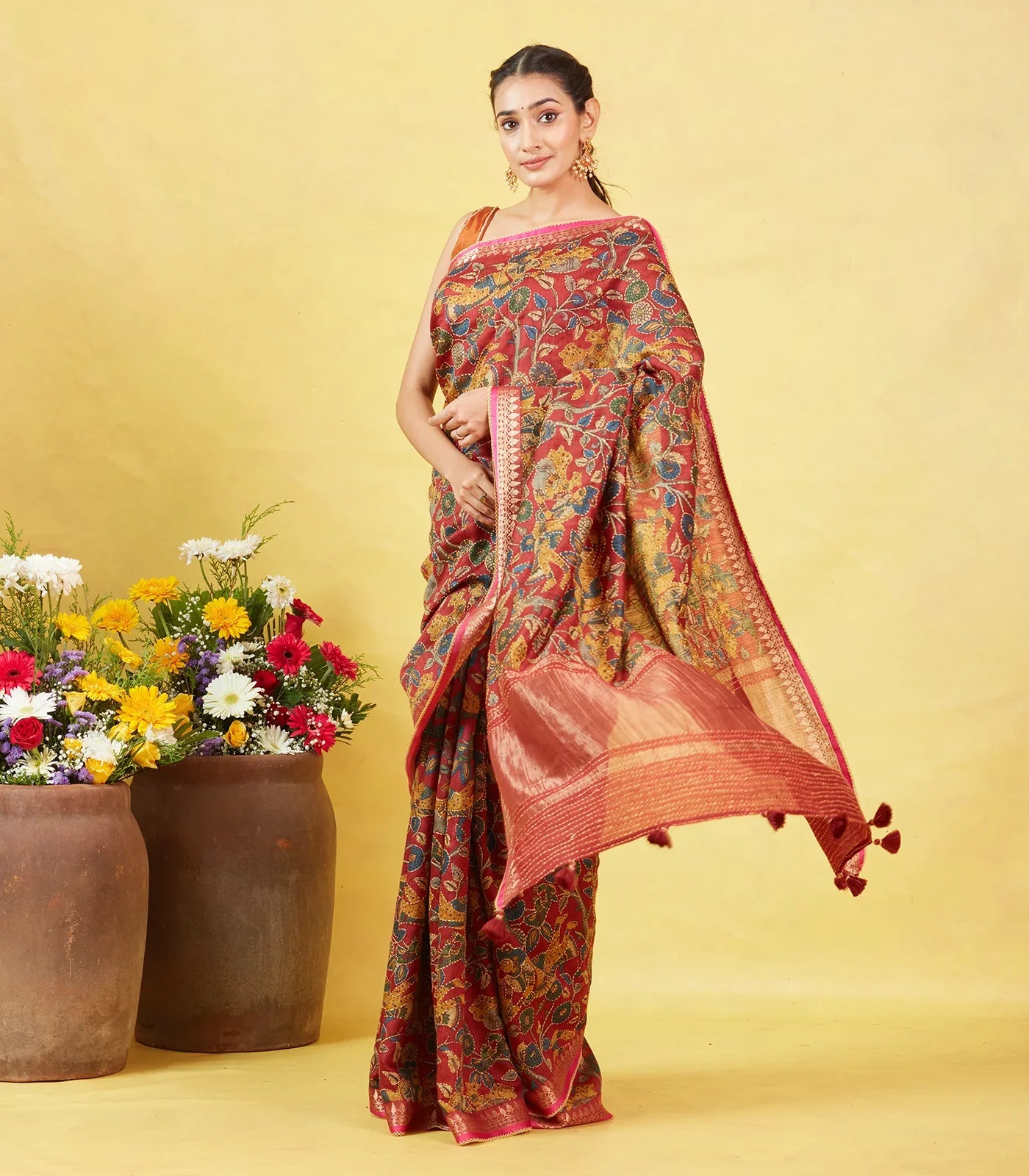 Maroon Handloom Tussar Silk Saree With Printed & Embroidered Motifs