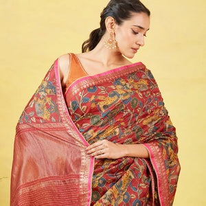 Maroon Handloom Tussar Silk Saree With Printed & Embroidered Motifs