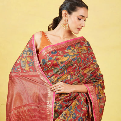 Maroon Handloom Tussar Silk Saree With Printed & Embroidered Motifs