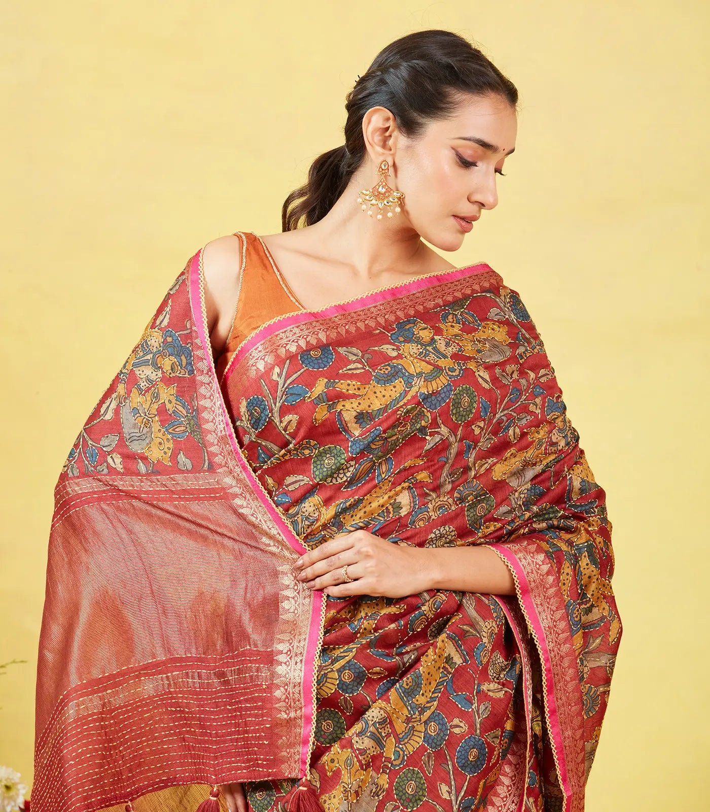 Maroon Handloom Tussar Silk Saree With Printed & Embroidered Motifs