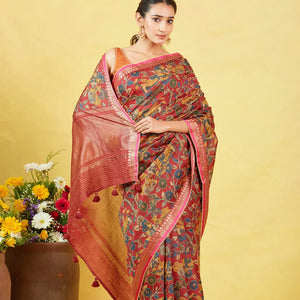 Maroon Handloom Tussar Silk Saree With Printed & Embroidered Motifs