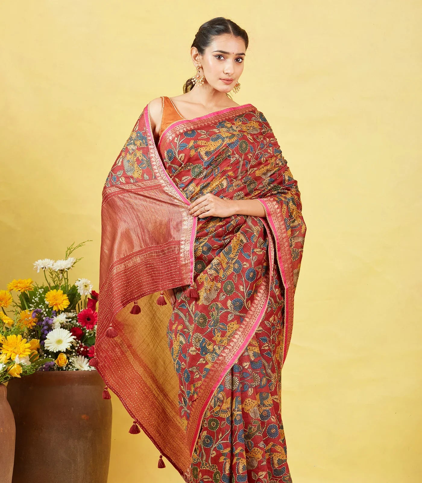 Maroon Handloom Tussar Silk Saree With Printed & Embroidered Motifs