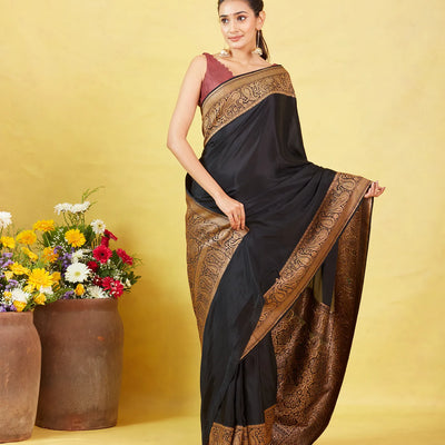 Black Banarasi Georgette Saree With Plain Body & Zari Border