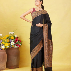 Black Banarasi Georgette Saree With Plain Body & Zari Border