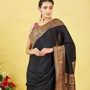 Black Banarasi Georgette Saree With Plain Body & Zari Border