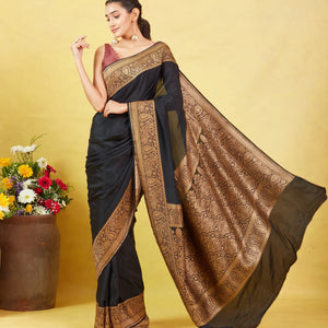 Black Banarasi Georgette Saree With Plain Body & Zari Border