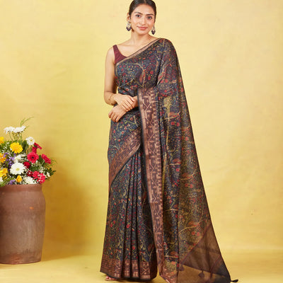 Black Handloom Tussar Silk Saree With Printed With Bird Motifs
