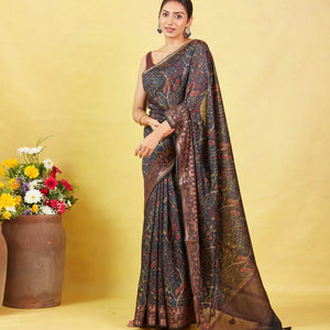 Black Handloom Tussar Silk Saree With Printed With Bird Motifs