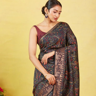 Black Handloom Tussar Silk Saree With Printed With Bird Motifs