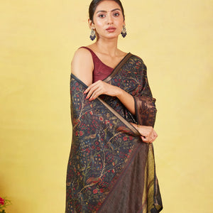 Black Handloom Tussar Silk Saree With Printed With Bird Motifs