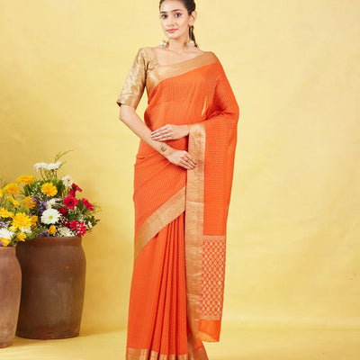 Orange Mysore Crepe Silk Saree With Floral Motifs & Zari Border