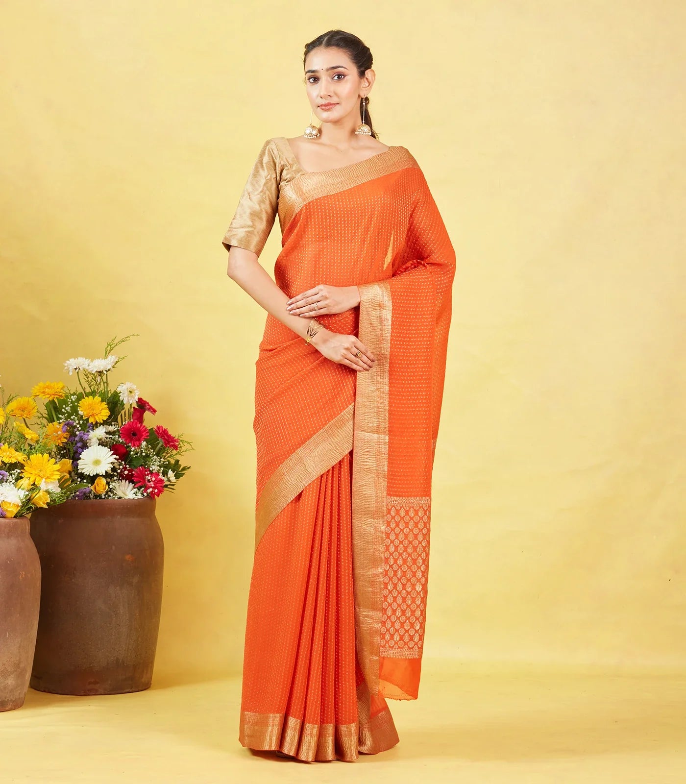 Orange Mysore Crepe Silk Saree With Floral Motifs & Zari Border