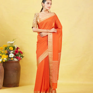 Orange Mysore Crepe Silk Saree With Floral Motifs & Zari Border
