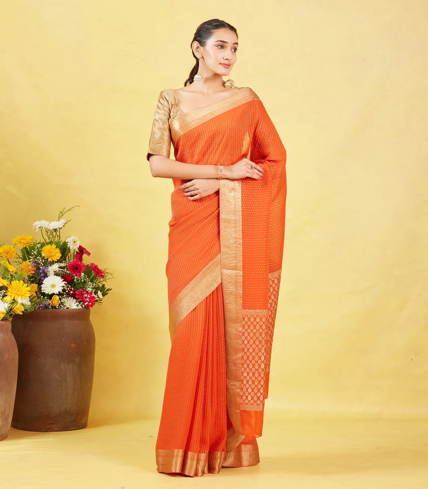 Orange Mysore Crepe Silk Saree With Floral Motifs & Zari Border