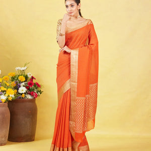 Orange Mysore Crepe Silk Saree With Floral Motifs & Zari Border