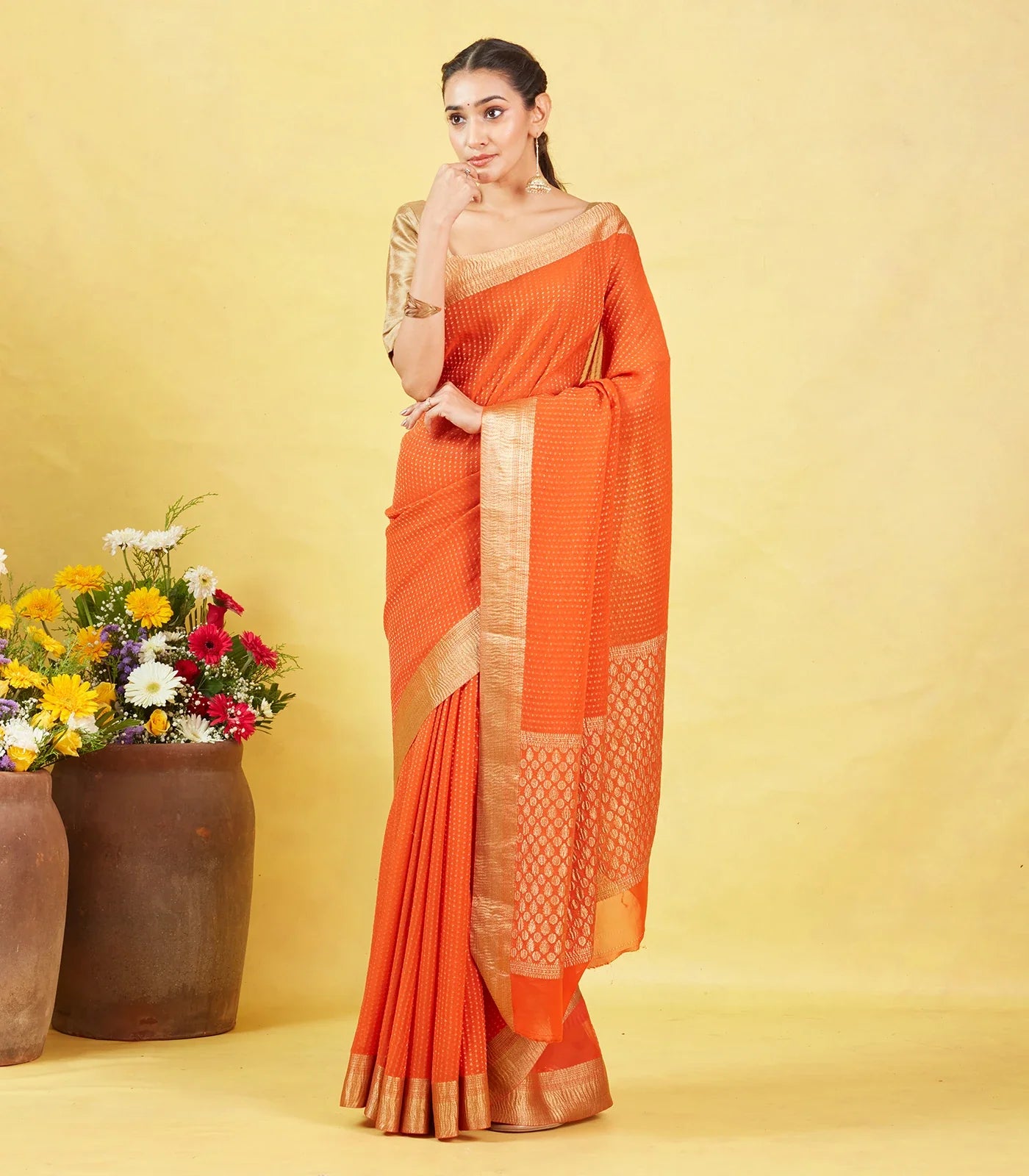 Orange Mysore Crepe Silk Saree With Floral Motifs & Zari Border