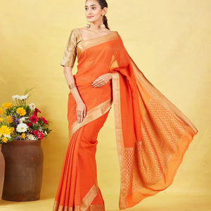 Orange Mysore Crepe Silk Saree With Floral Motifs & Zari Border