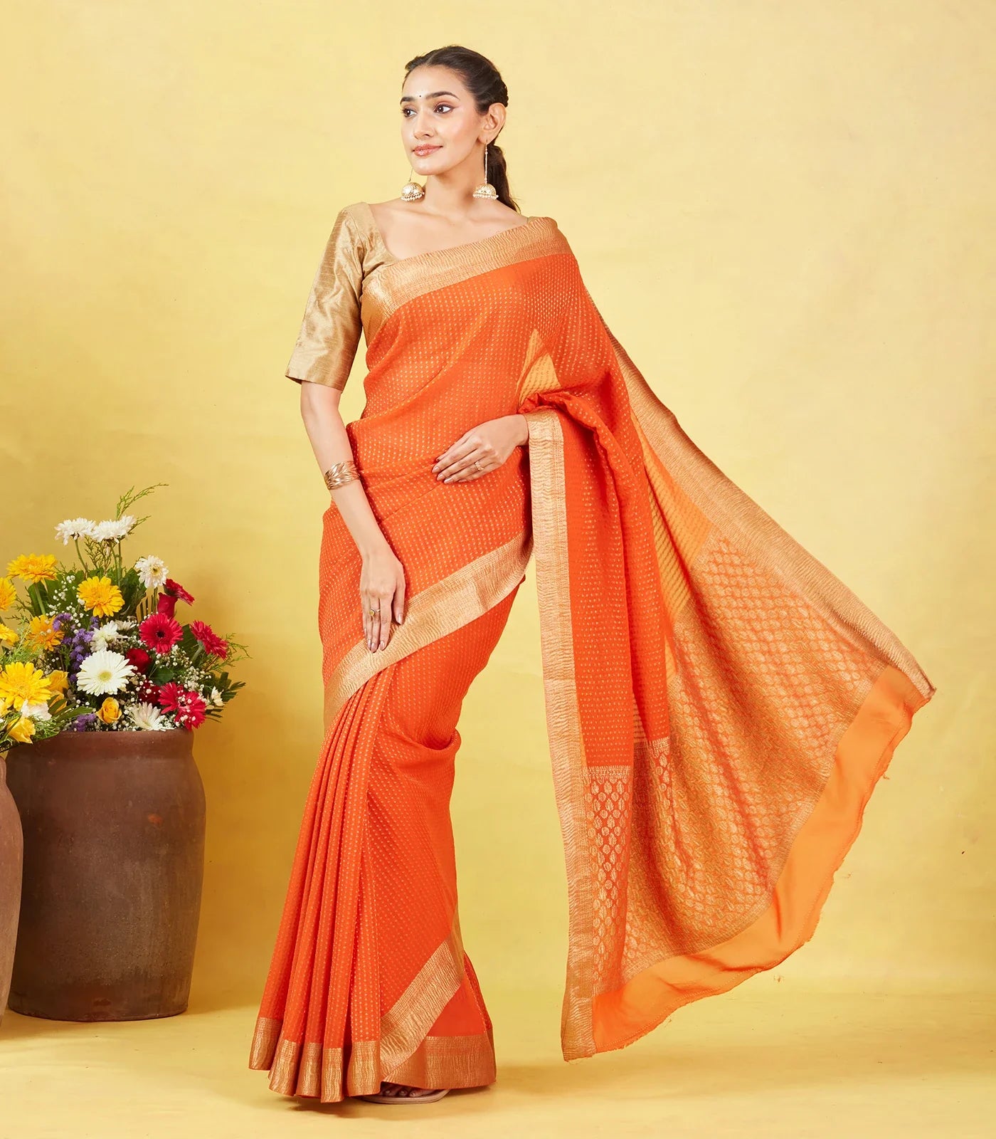 Orange Mysore Crepe Silk Saree With Floral Motifs & Zari Border