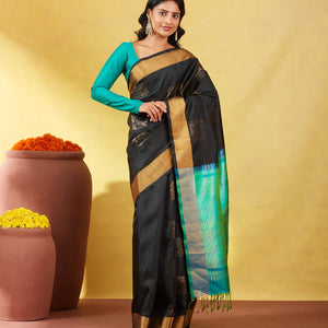 Black Soft Silk Saree With Geometric Buttas And Gold Border