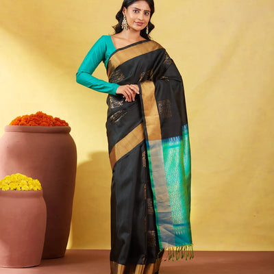 Black Soft Silk Saree With Geometric Buttas And Gold Border