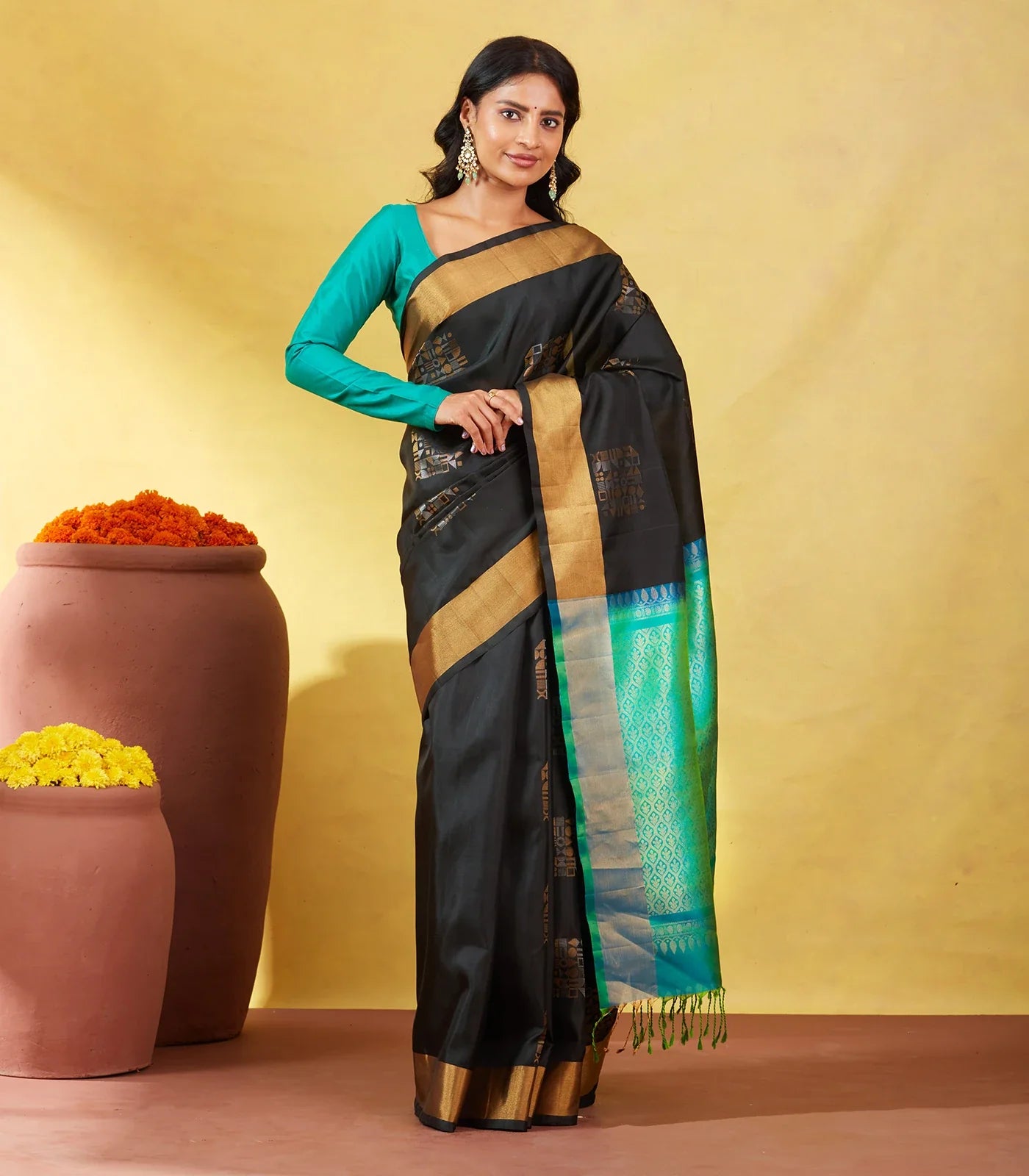 Black Soft Silk Saree With Geometric Buttas And Gold Border