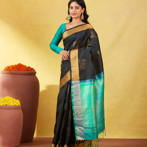 Black Soft Silk Saree With Geometric Buttas And Gold Border