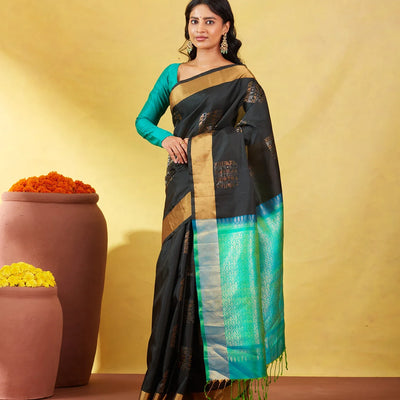 Black Soft Silk Saree With Geometric Buttas And Gold Border