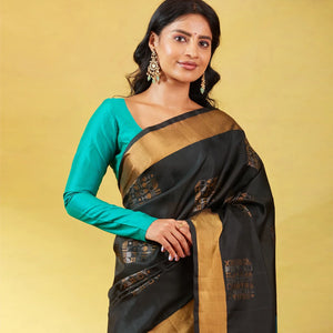 Black Soft Silk Saree With Geometric Buttas And Gold Border
