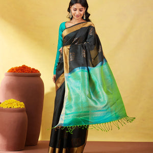 Black Soft Silk Saree With Geometric Buttas And Gold Border