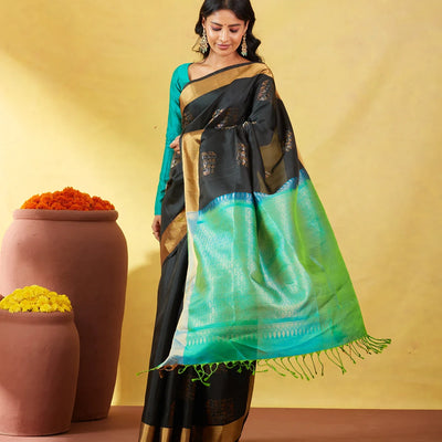 Black Soft Silk Saree With Geometric Buttas And Gold Border