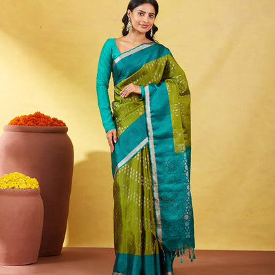 Leafy Green Soft Silk Saree With Floral Zari Motifs