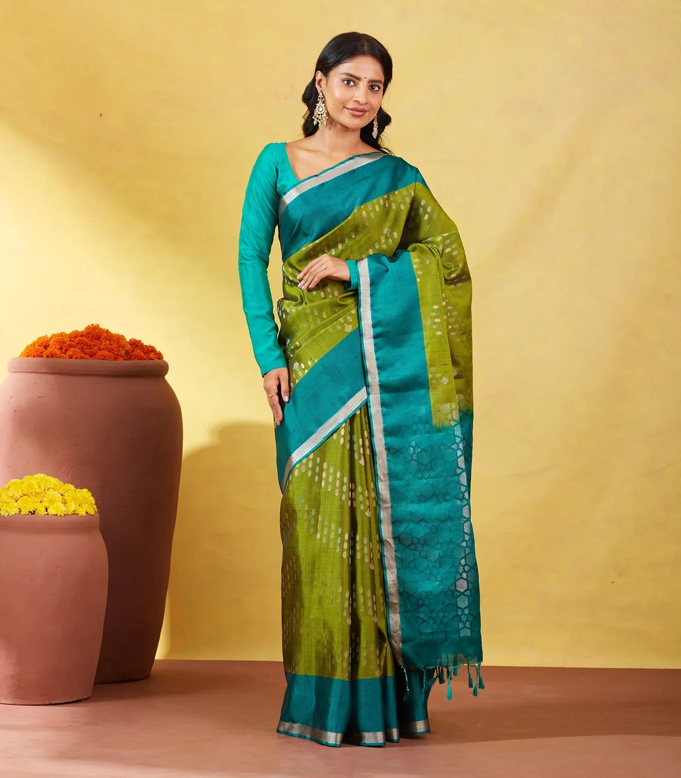 Leafy Green Soft Silk Saree With Floral Zari Motifs