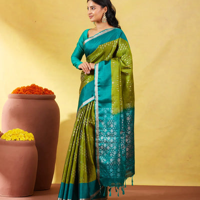 Leafy Green Soft Silk Saree With Floral Zari Motifs