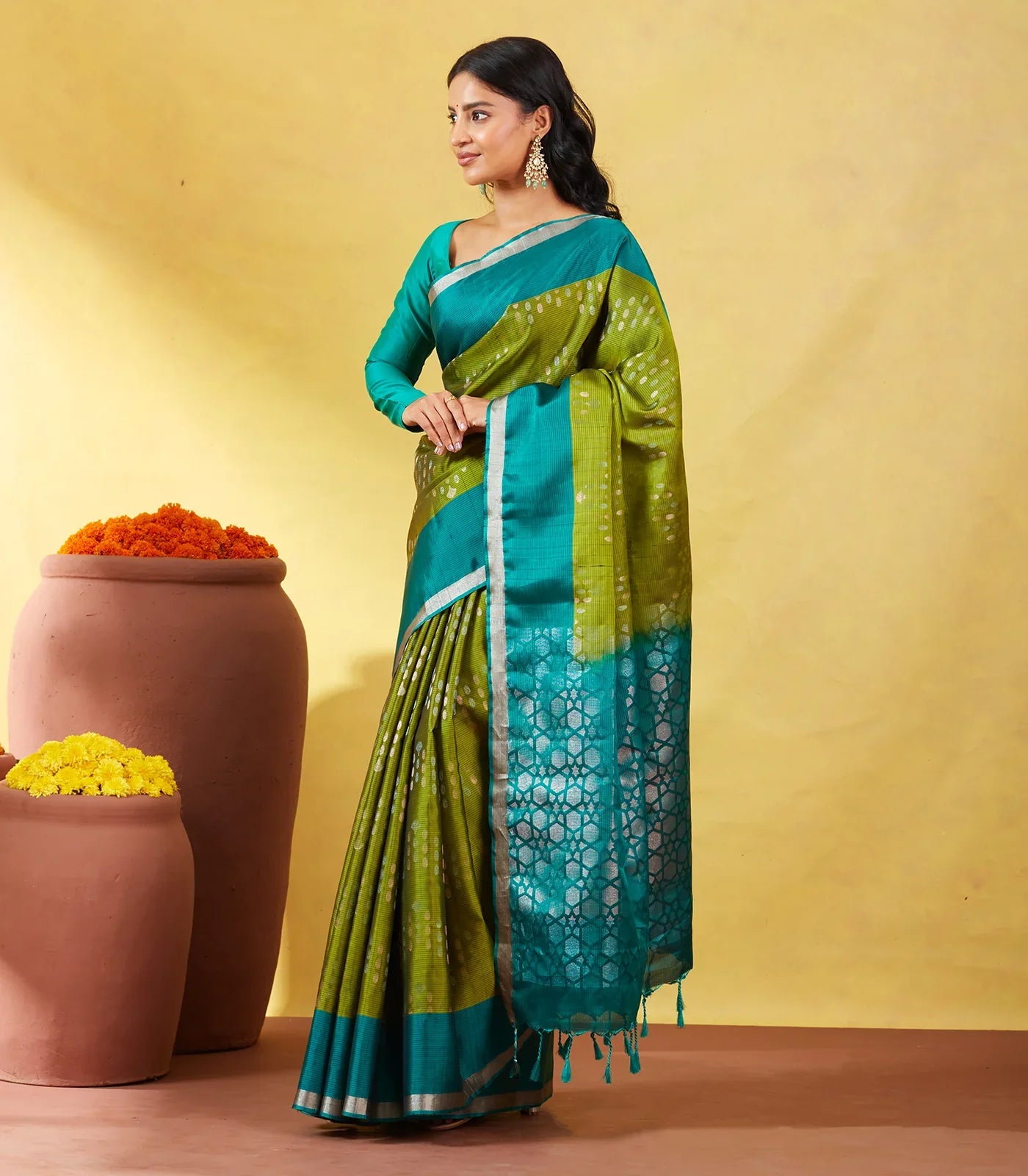 Leafy Green Soft Silk Saree With Floral Zari Motifs