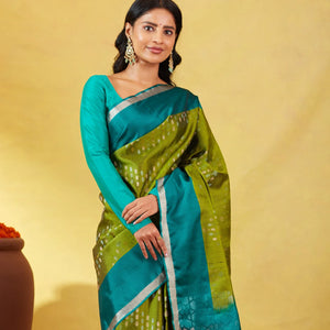 Leafy Green Soft Silk Saree With Floral Zari Motifs