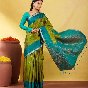 Leafy Green Soft Silk Saree With Floral Zari Motifs