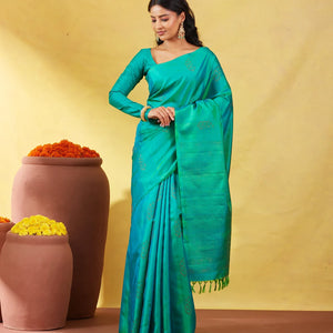 Sea Green Soft Silk Saree With Floral Zari Buttas