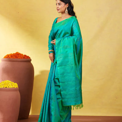 Sea Green Soft Silk Saree With Floral Zari Buttas
