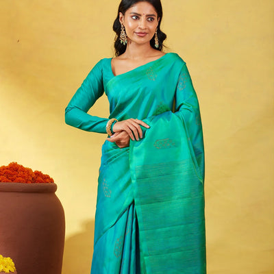 Sea Green Soft Silk Saree With Floral Zari Buttas