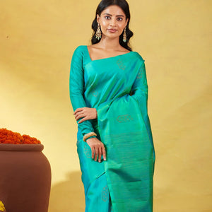 Sea Green Soft Silk Saree With Floral Zari Buttas