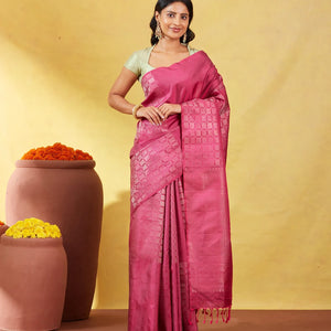Chestnut Pink Soft Silk Saree With Zari Checks