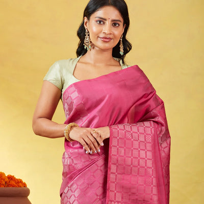 Chestnut Pink Soft Silk Saree With Zari Checks