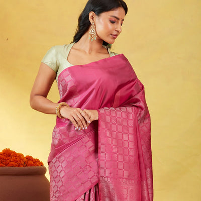 Chestnut Pink Soft Silk Saree With Zari Checks