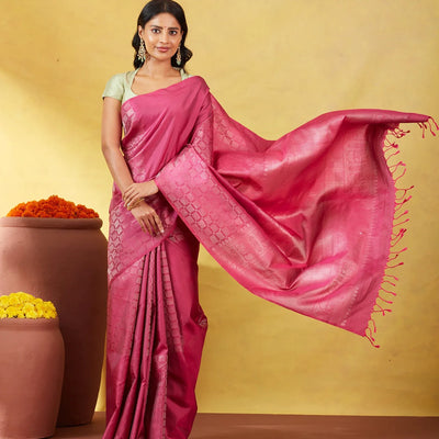 Chestnut Pink Soft Silk Saree With Zari Checks