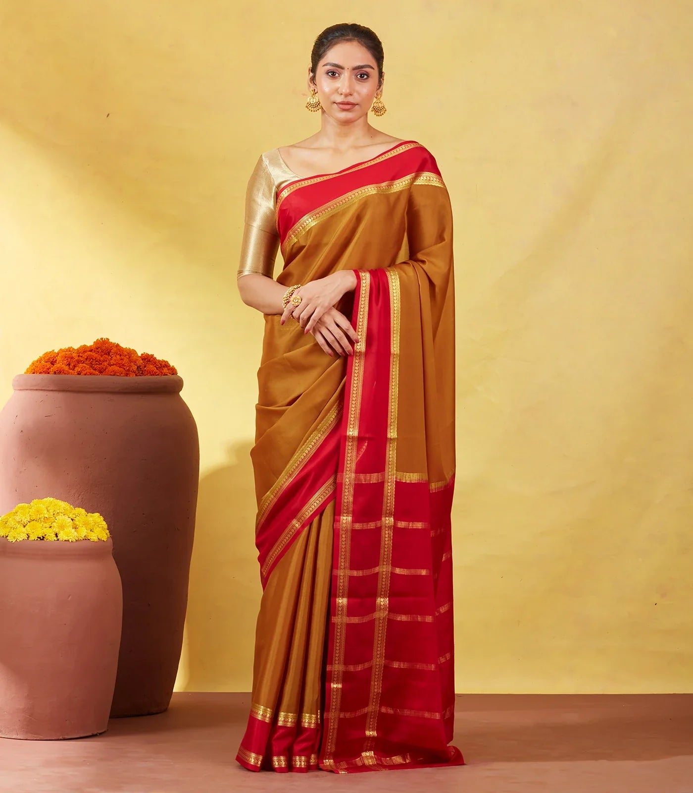 Olive Green Mysore Plain Crepe Silk Saree With Mango Motifs-Olive Green