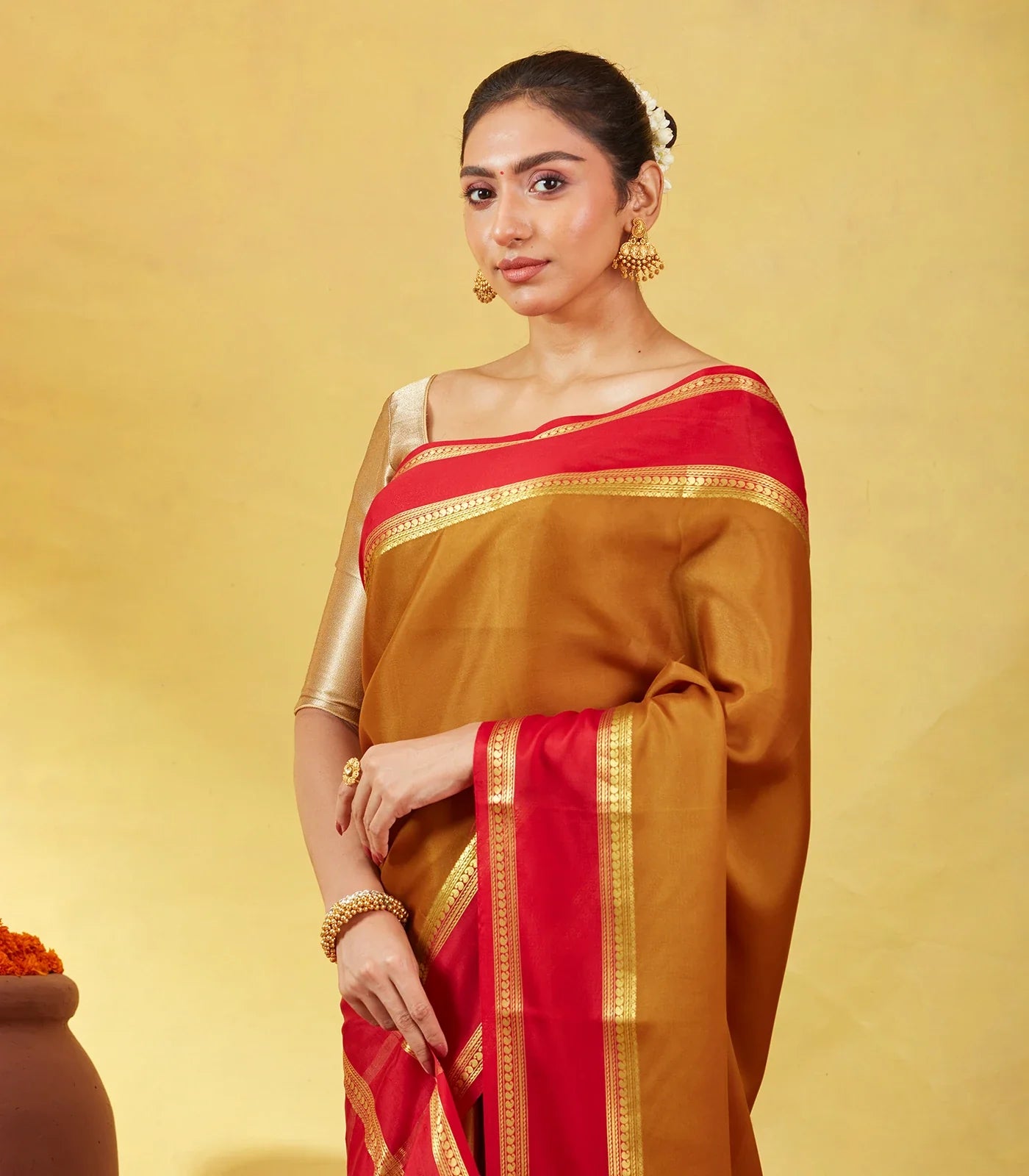 Olive Green Mysore Plain Crepe Silk Saree With Mango Motifs-Olive Green