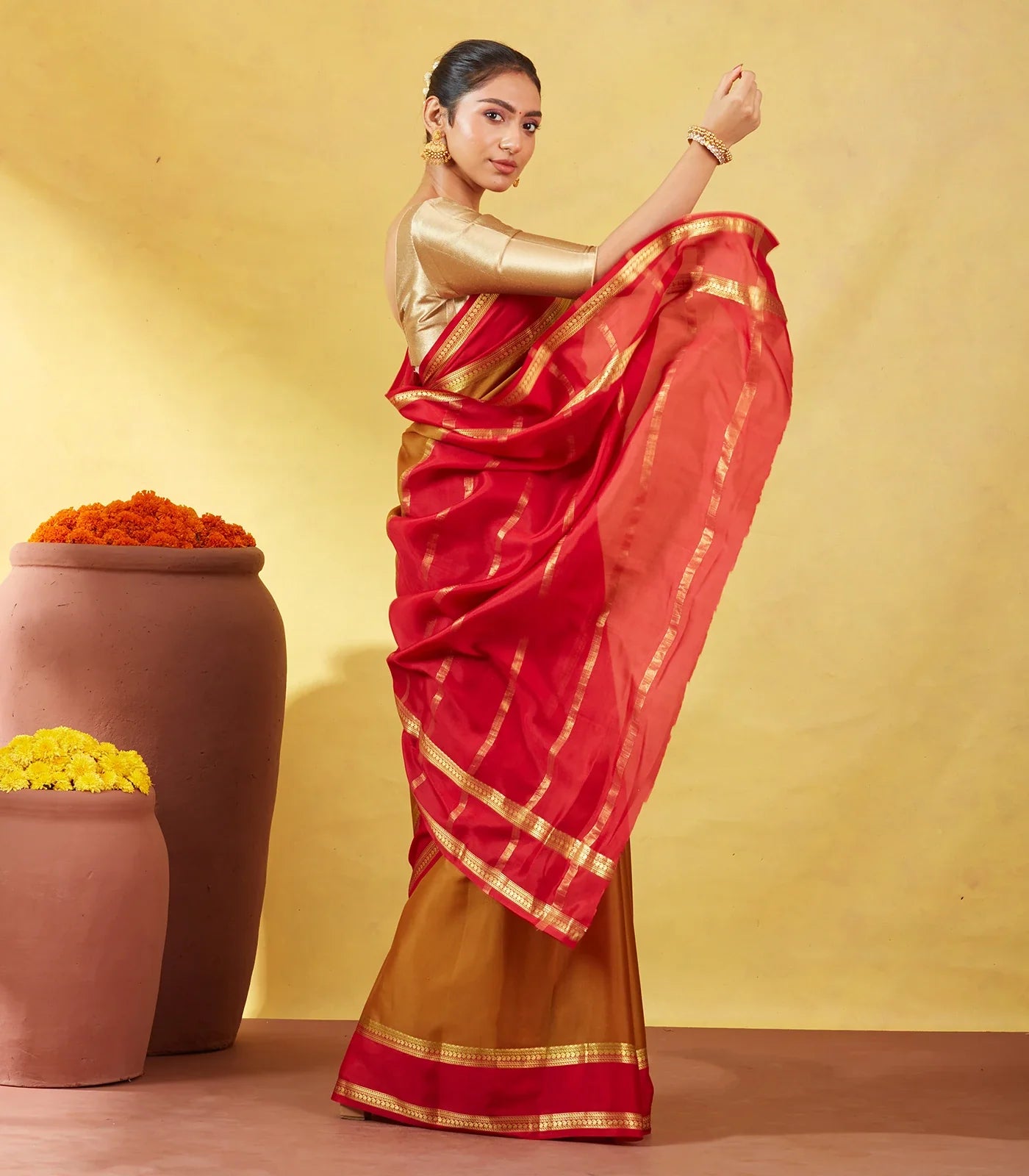 Olive Green Mysore Plain Crepe Silk Saree With Mango Motifs-Olive Green