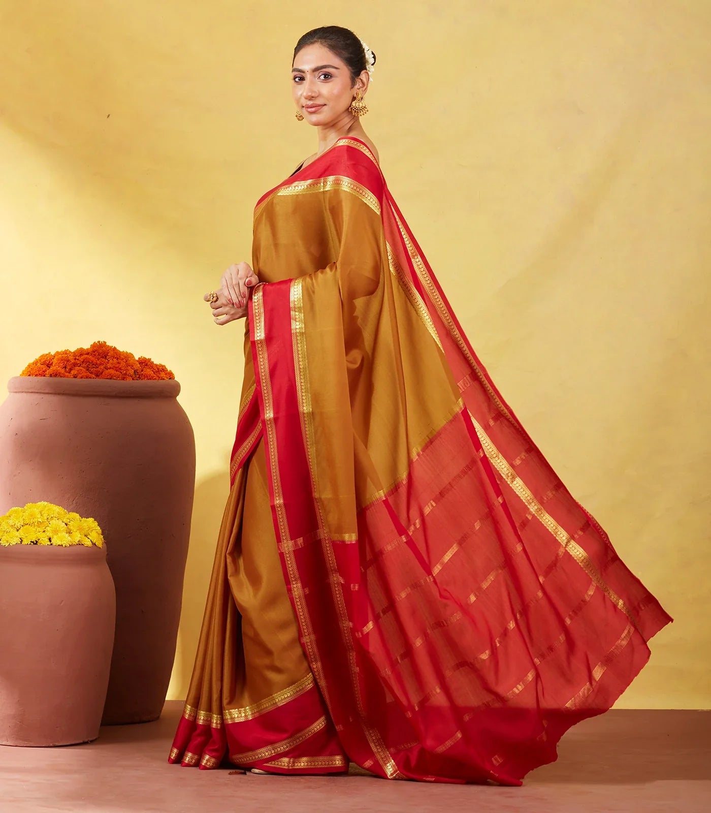 Olive Green Mysore Plain Crepe Silk Saree With Mango Motifs-Olive Green