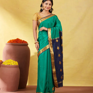 Sea Green Mysore Crepe Silk Saree With Coin Buttas & Navy Blue Zari Border