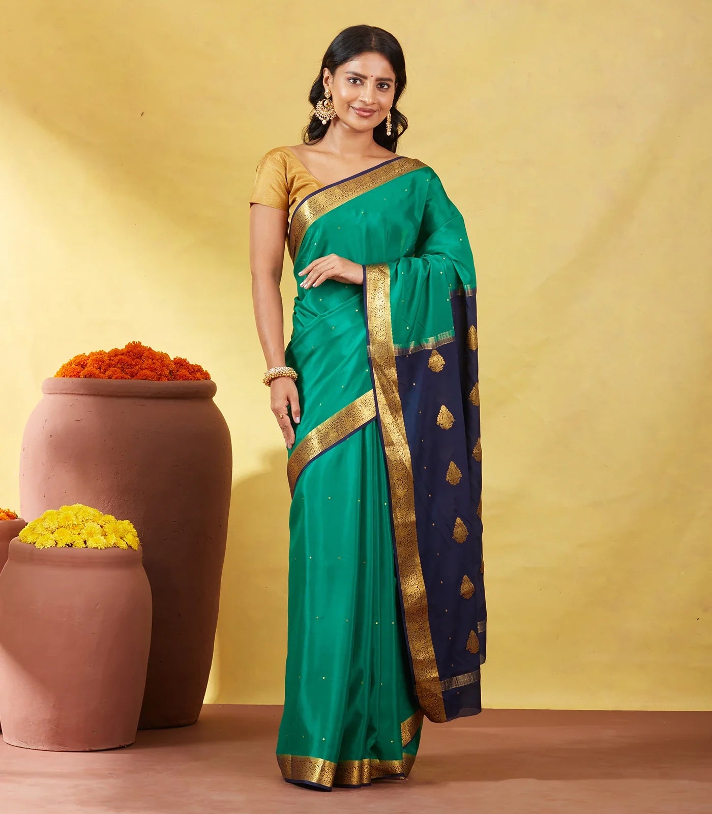 Sea Green Mysore Crepe Silk Saree With Coin Buttas & Navy Blue Zari Border